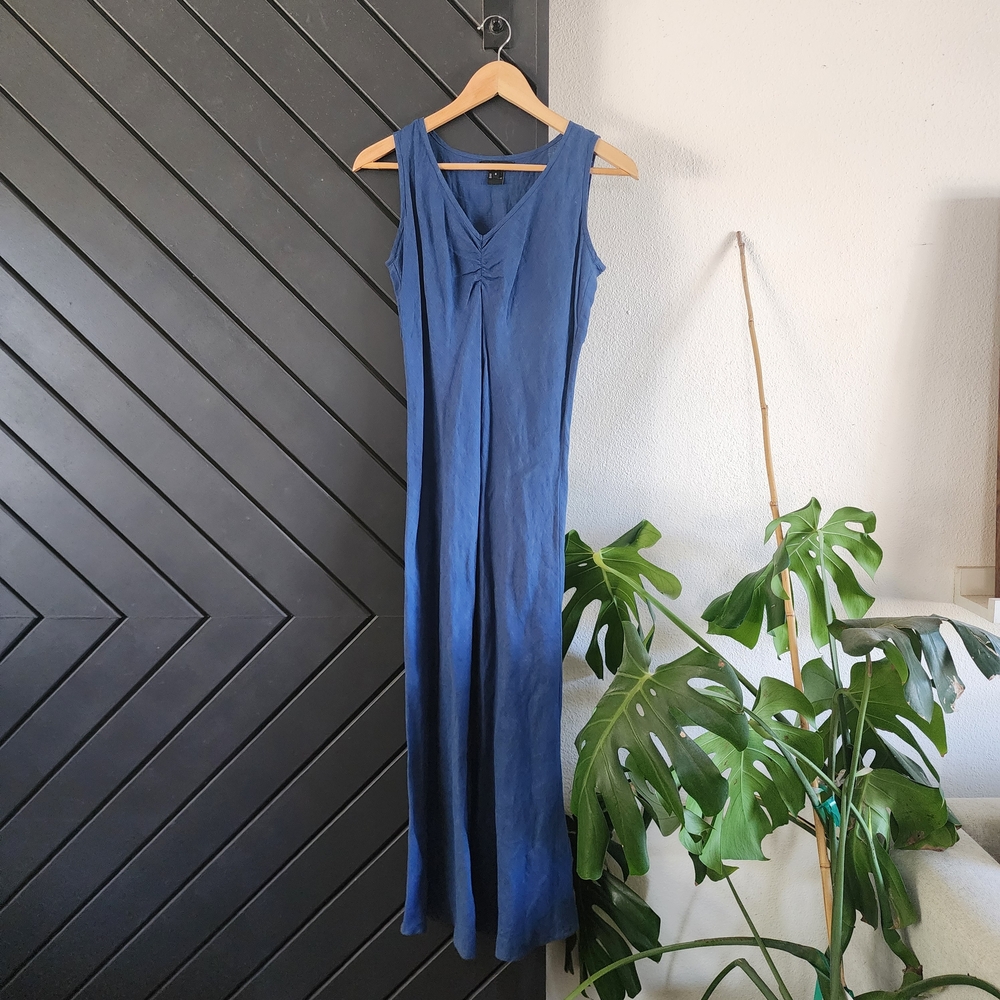 Navy Blue Linen Bias Cut Midi Dress Karen Kane Size Small Minimal Classic